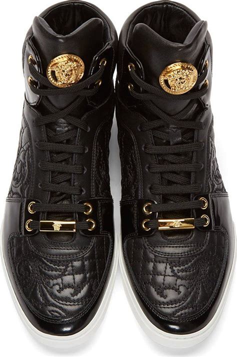 versace black patent leather quilted high top sneakers|Versace sneakers for men.